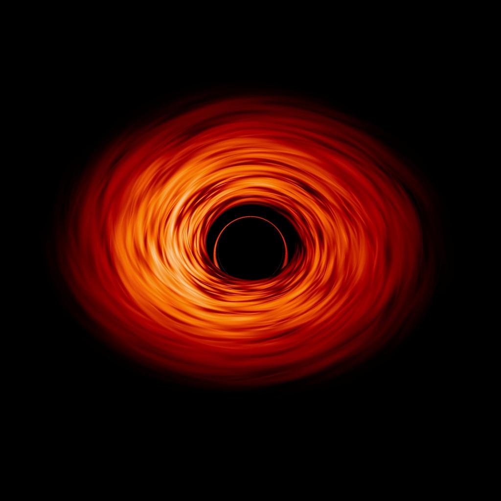 NASA simulation, not a photograph. Bent light lets the far side of the disk appear above and below the shadow. Our beacon lines are a separate navigation display.