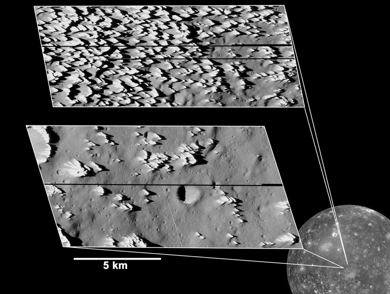 Jagged icy terrain on Callisto photographed by Galileo in May 2001